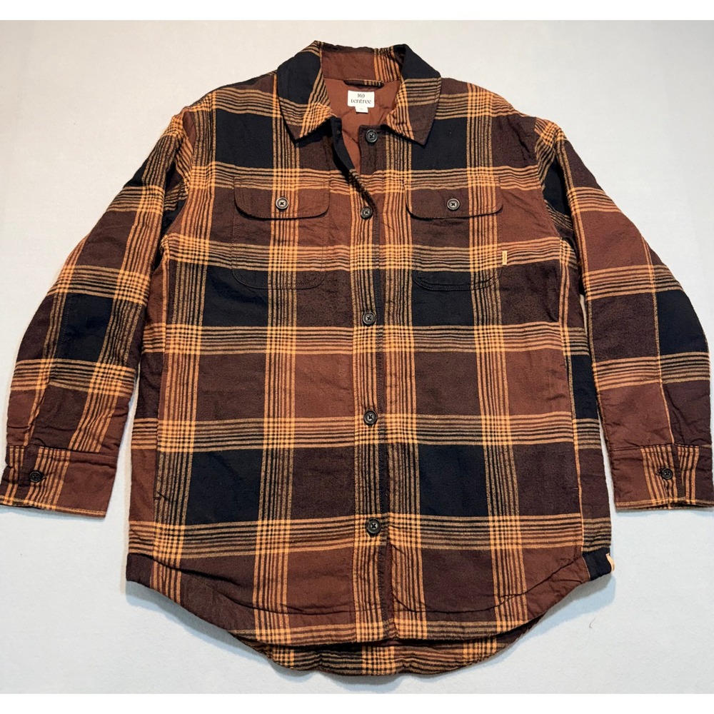Tentree Mens Shirt Jacket Plaid Quilted Organic Cotton Kapok Brown Small